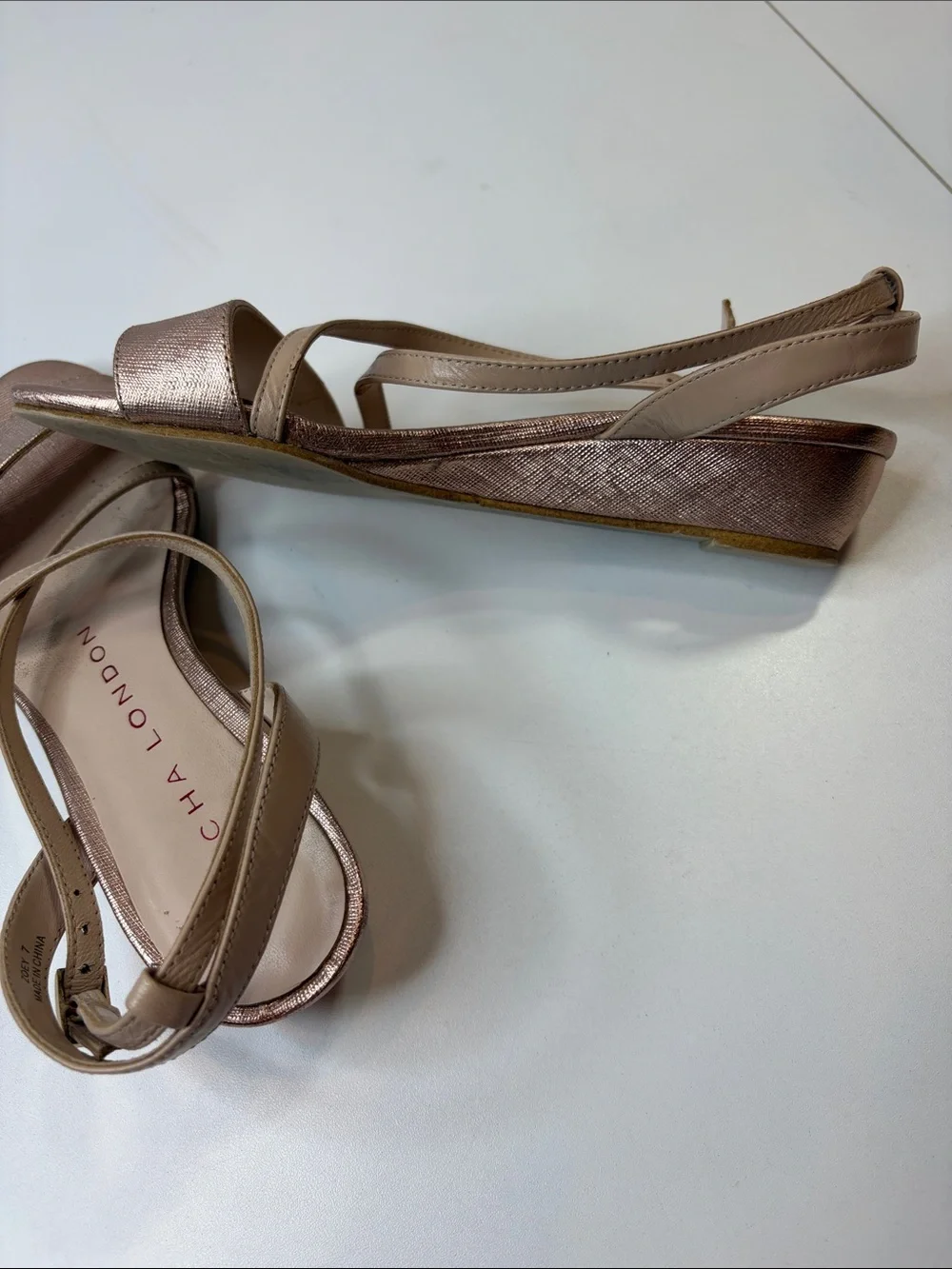 Sacha London Size 7 Rose Gold Metallic Strappy Wedge Sandals